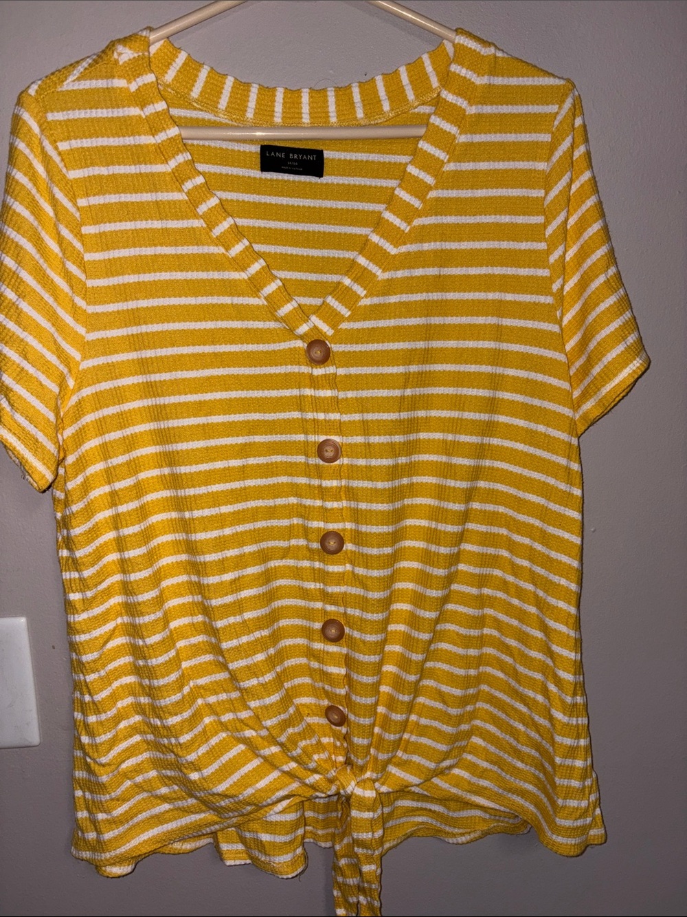 Lane Bryant Yellow & White Striped Tie-Front Button Top